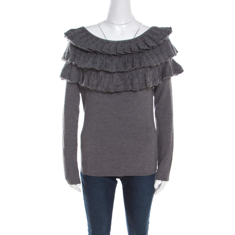 Escada Grey Wool and Mohair Ruffled Bodice Detail Long Sleeve Sweater L
