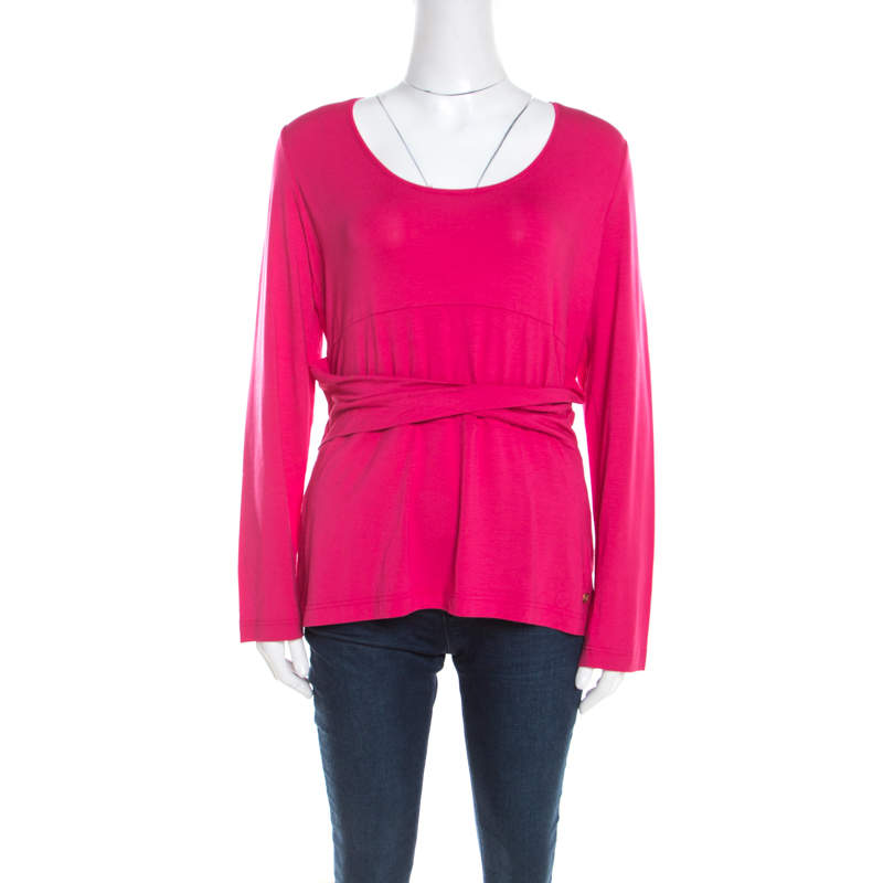 Pre Owned Escada Hot Pink Jersey Paneled Twist Band Detail Scoop Neck Top XXL