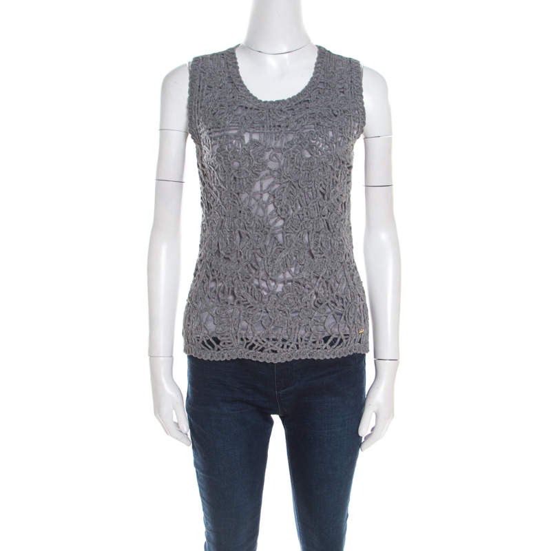 Escada Flannel Grey Wool Cord Embroidered Sleeveless Schulamit Top S