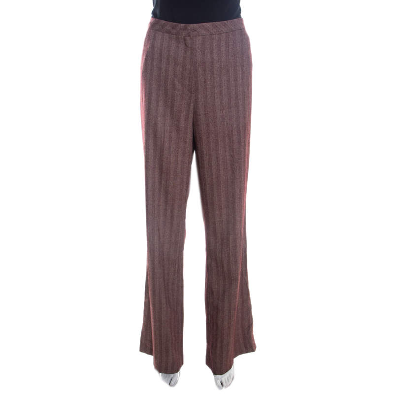 Escada Burgundy Herringbone Weave Wool and Silk High Waist Pants XL