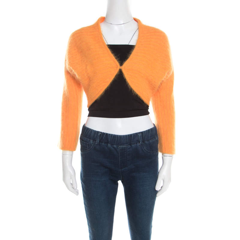 Pre Owned Escada Mustard Yellow Angora Rib Knit Fuzzy Bolero L