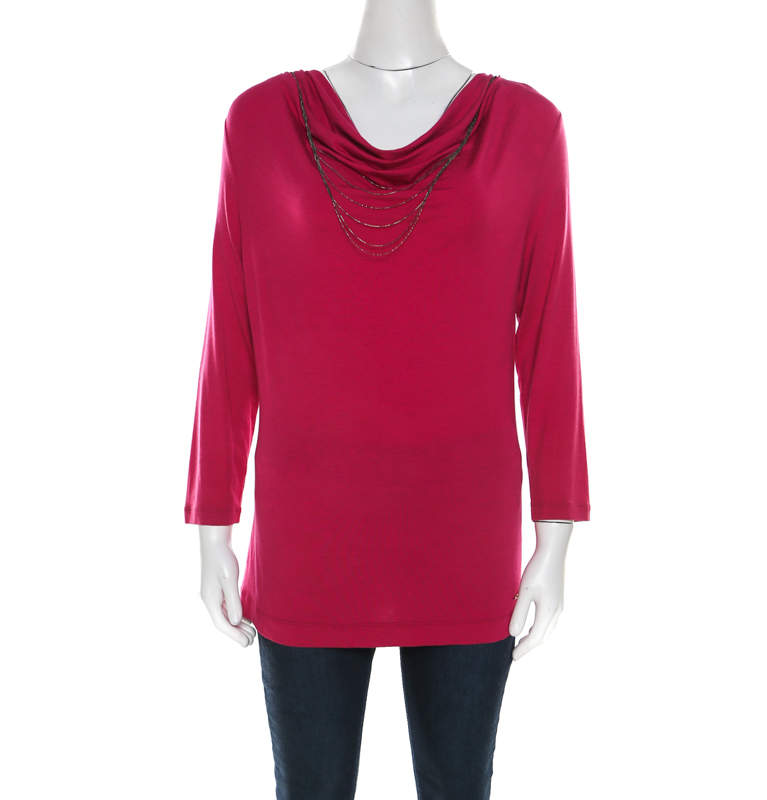 Pre Owned Escada Tourmaline Pink Knit Chain Detail Cowl Neck Ewpenia Top M