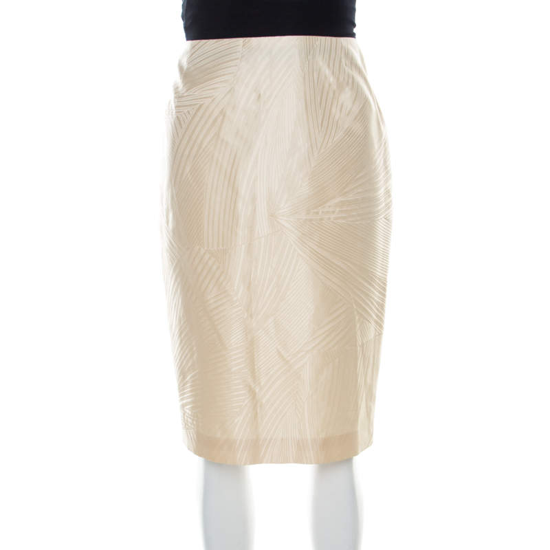 Pre Owned Escada Buttercream Paneled Stripe Print Silk Pencil Skirt M
