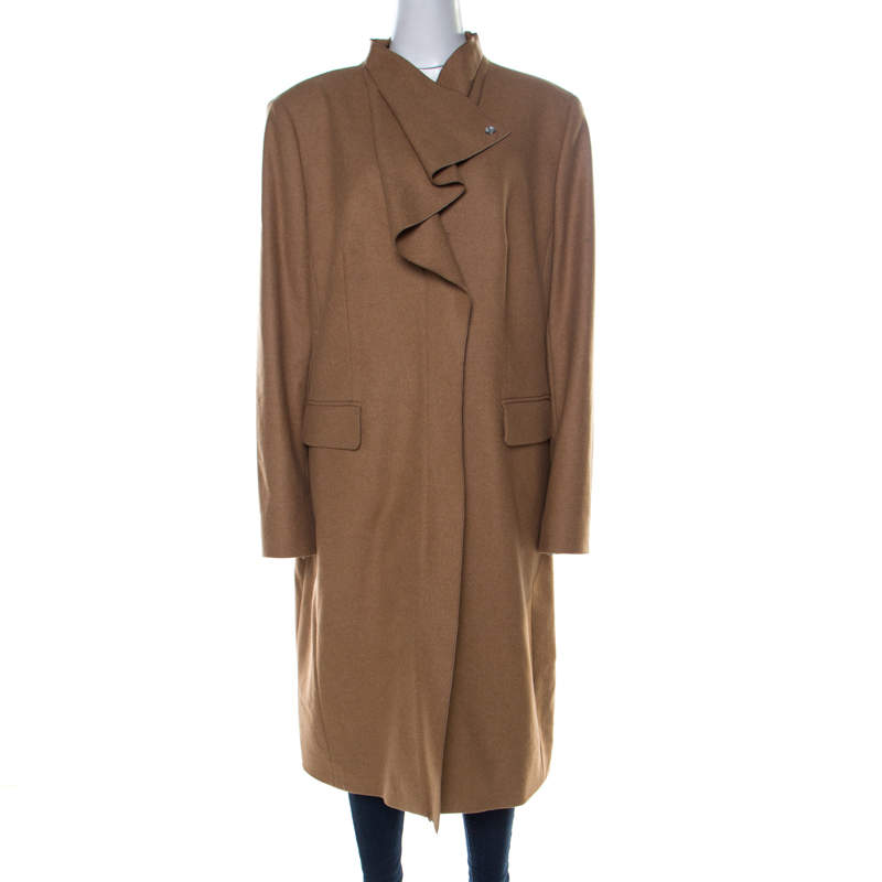 Escada Beige Wool Waterfall Lapel Mid Length Coat XL 
