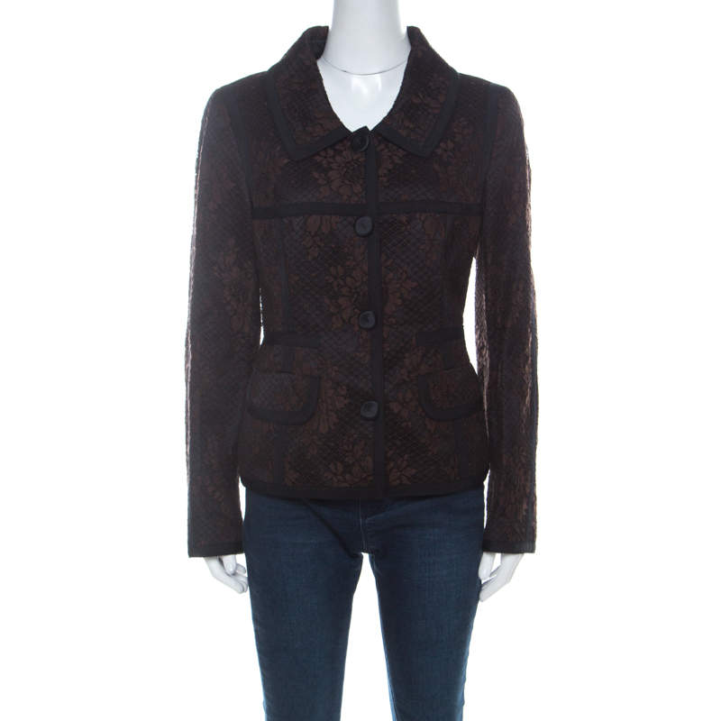 Escada Black and Brown Lace Button Front Jacket L 
