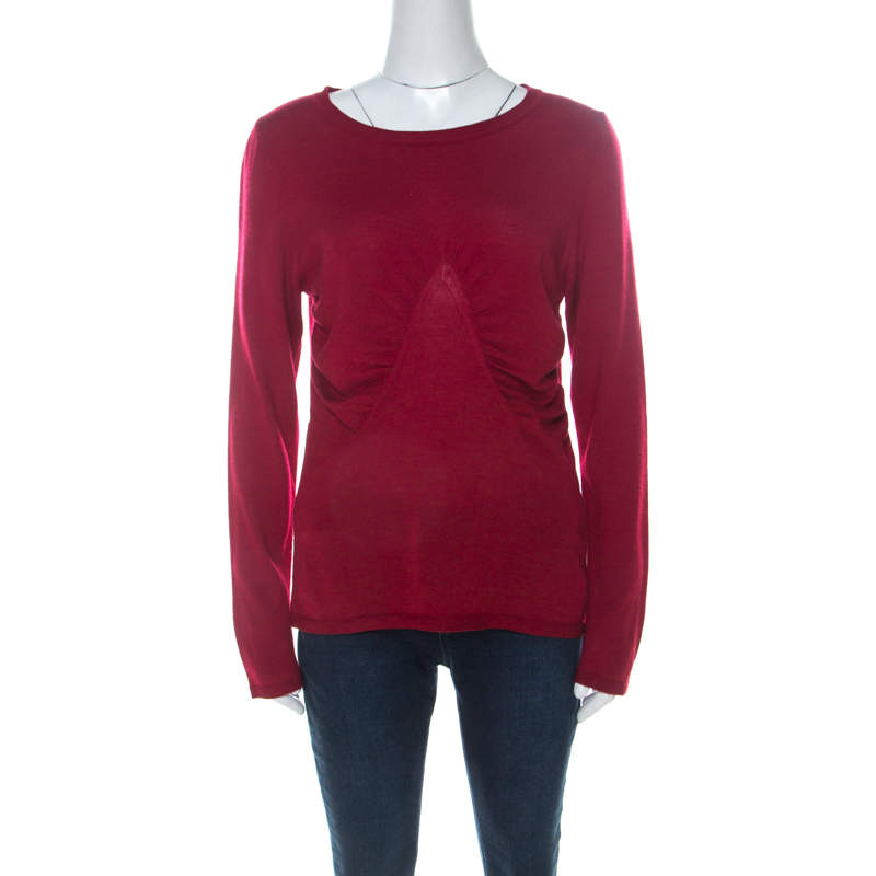 Escada Red Cashmere Knit Ruched Front Top M 