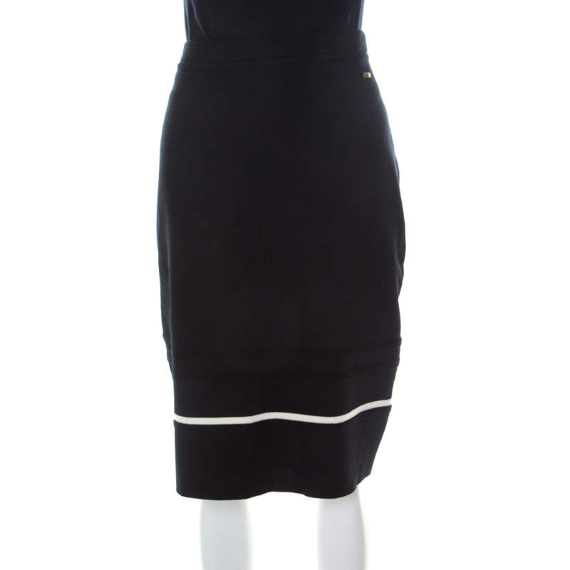 Escada Black Contrast Striped Wool Pencil Skirt L 