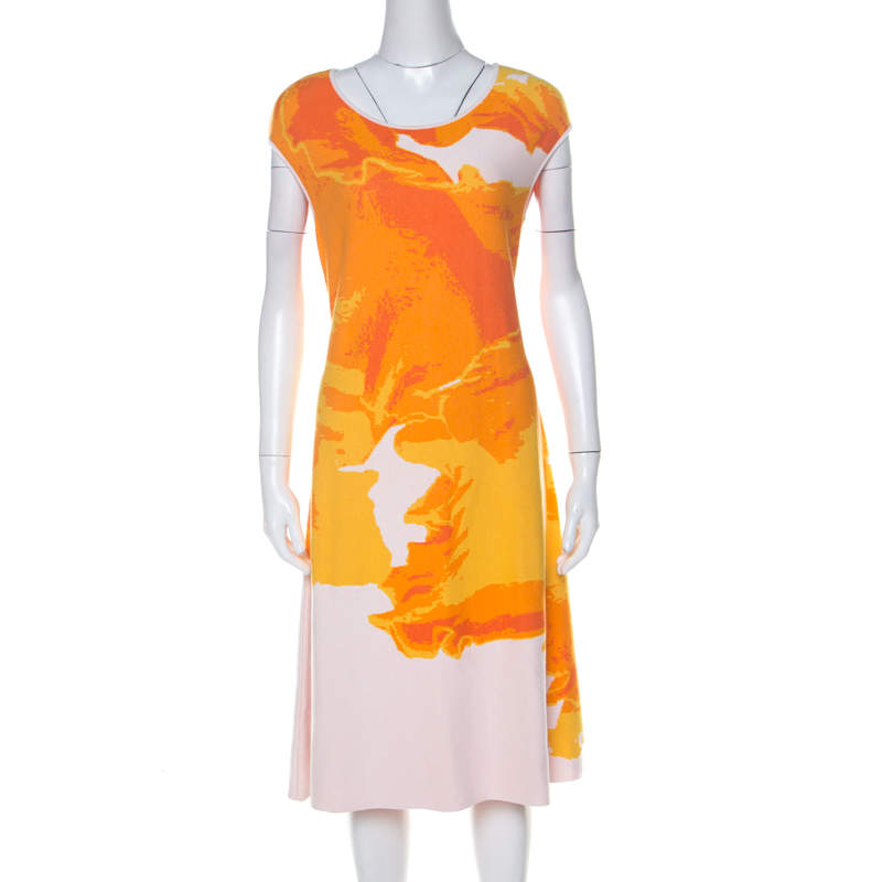 Escada Sunset Orange Fantasy Print Pique Knit Shaleesa A Line Dress L