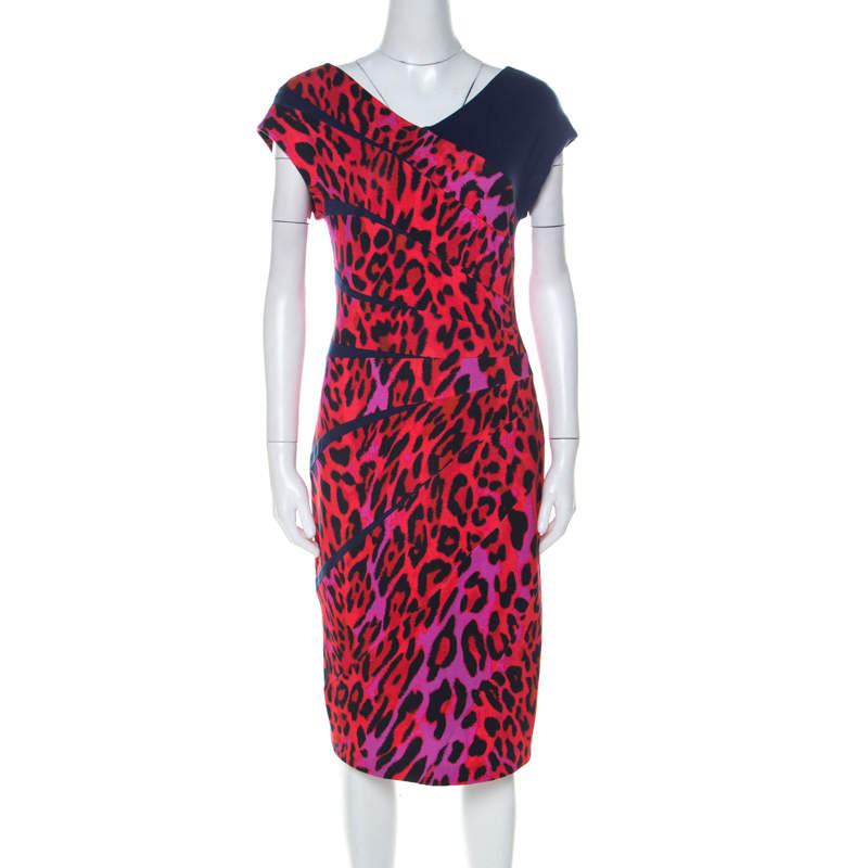 Escada Red Leopard Print Jersey Radiant Seam Dress M 