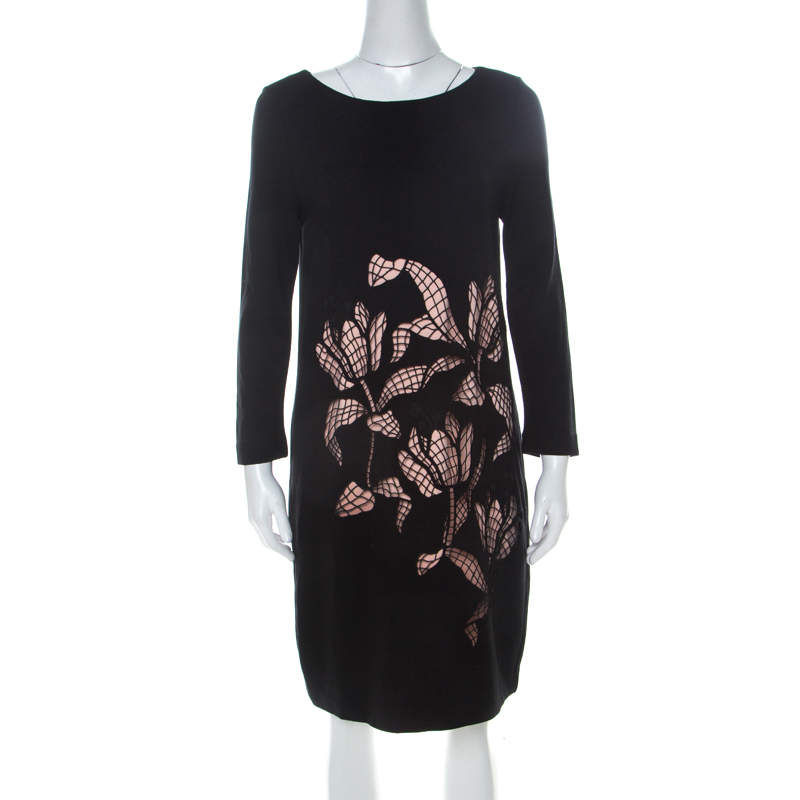 Pre Owned Escada Black Rib Knit Floral Cut Out Overlay Elcami Long Sleeve Dress M