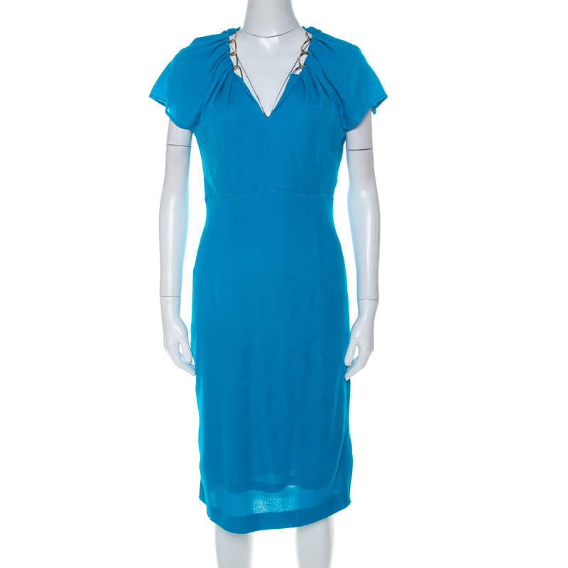 Pre Owned Escada Lagoon Blue Textured Knit Gold Chain Detail Sheath Dress M 