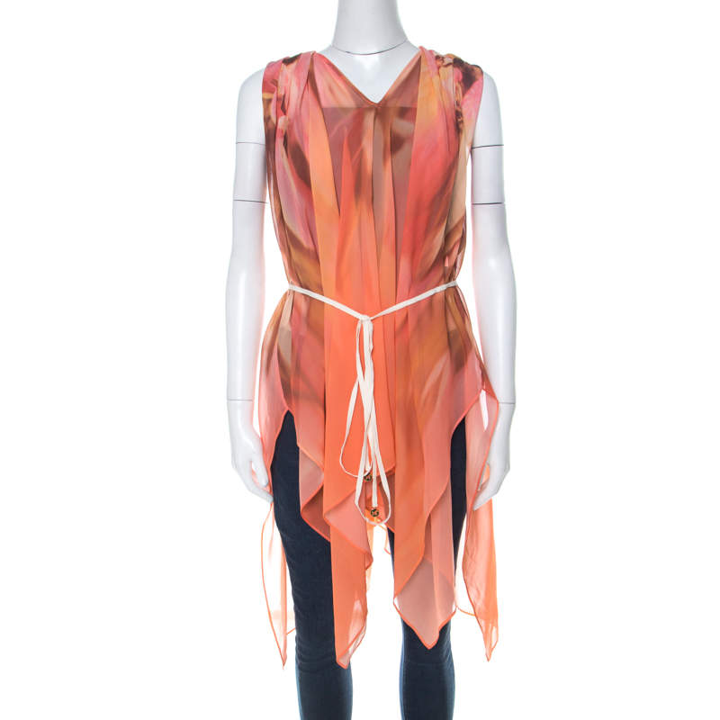 Escada Multicolor Fantasy Print Silk Handkerchief Hem Belted Nilou Blouse M
