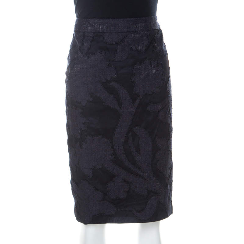 Escada Navy Blue Floral Applique Silk Jacquard Pencil Skirt L 