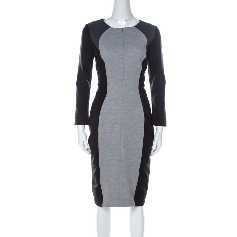 Escada Grey Colorblock Wool Blend Front Zip Sheath Dress M
