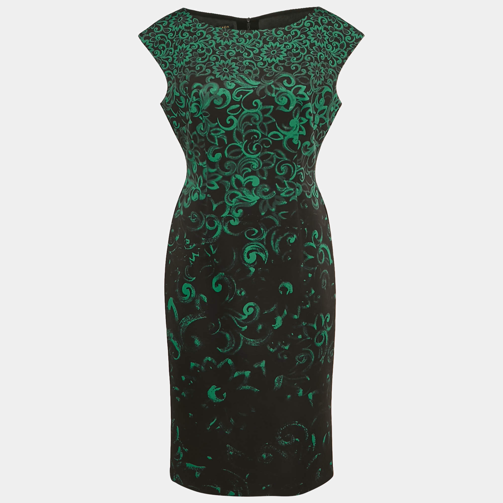 Pre Owned Escada Black/Green Floral Print Neoprene Midi Dress L