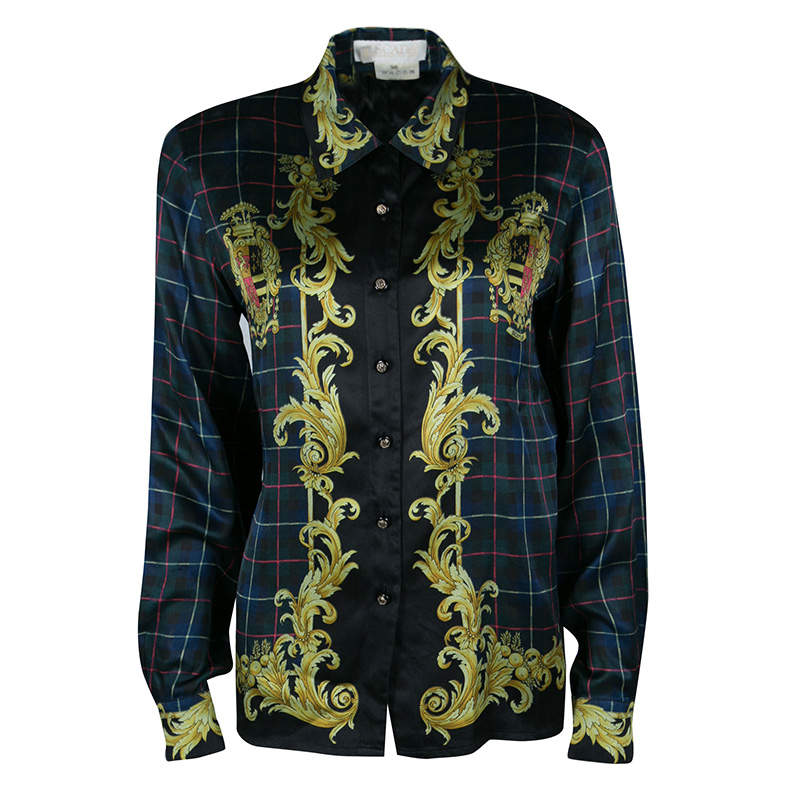 Pre Owned Escada Vintage Balmoral and Check Print Long Sleeve Silk Shirt M