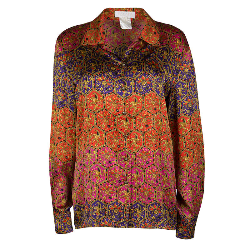 Pre Owned Escada Vintage Multicolor Printed Silk Long Sleeve Shirt M