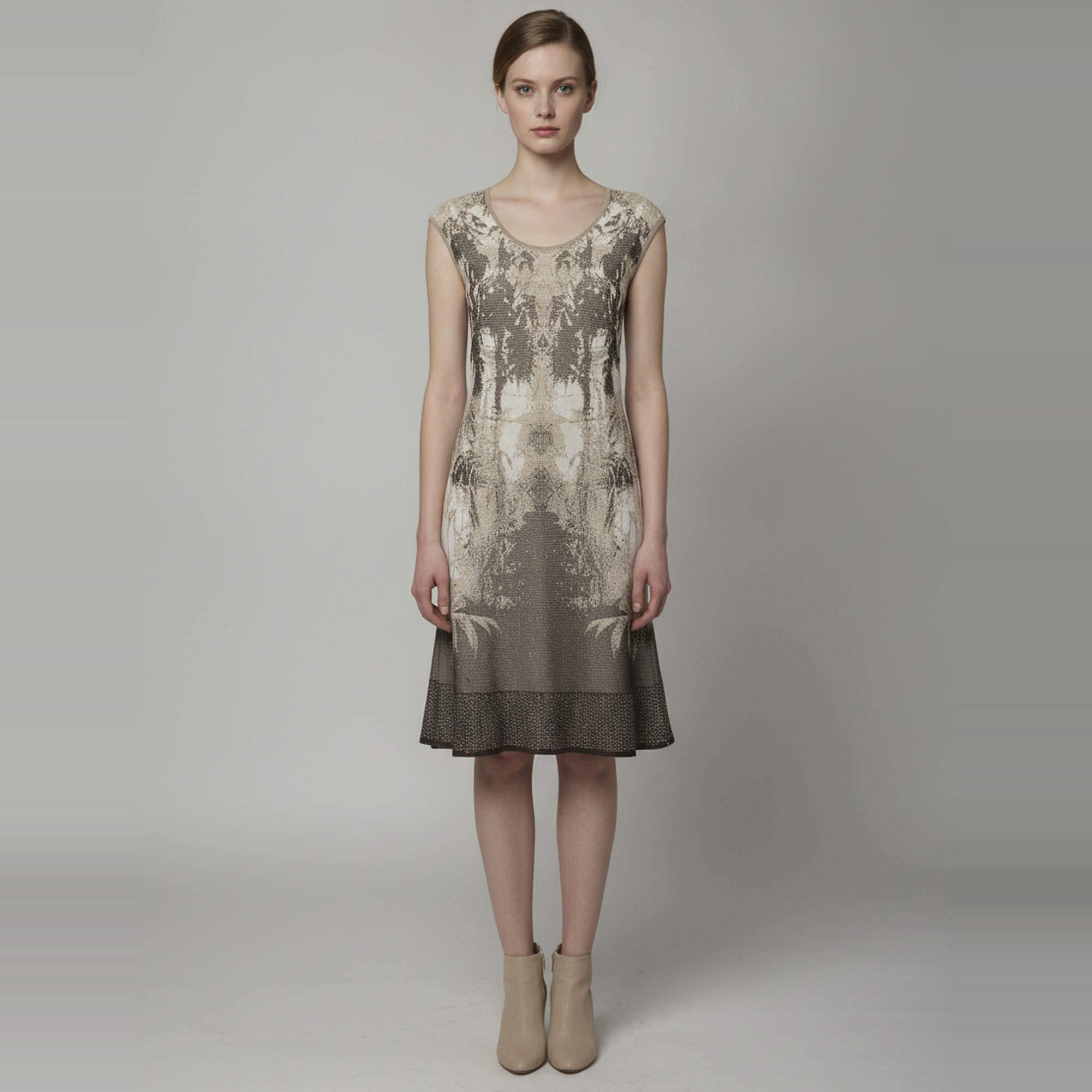 Pre Owned Escada Beige Landscape Jacquard Lurex Knit Mini Dress S