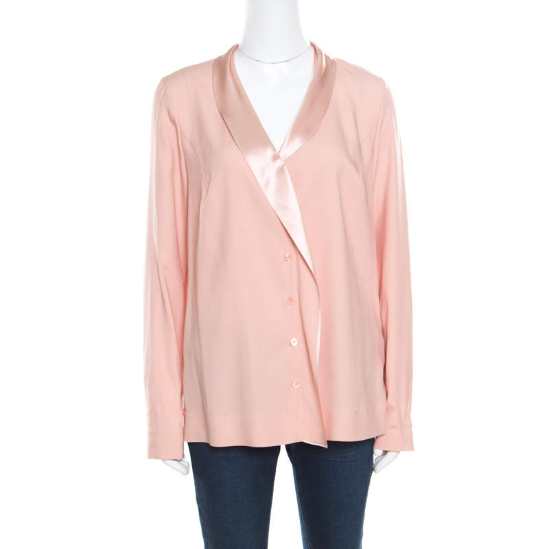 Pre Owned Escada Gloss Pink Silk Shawl Collar Nanaka Button Down Blouse L