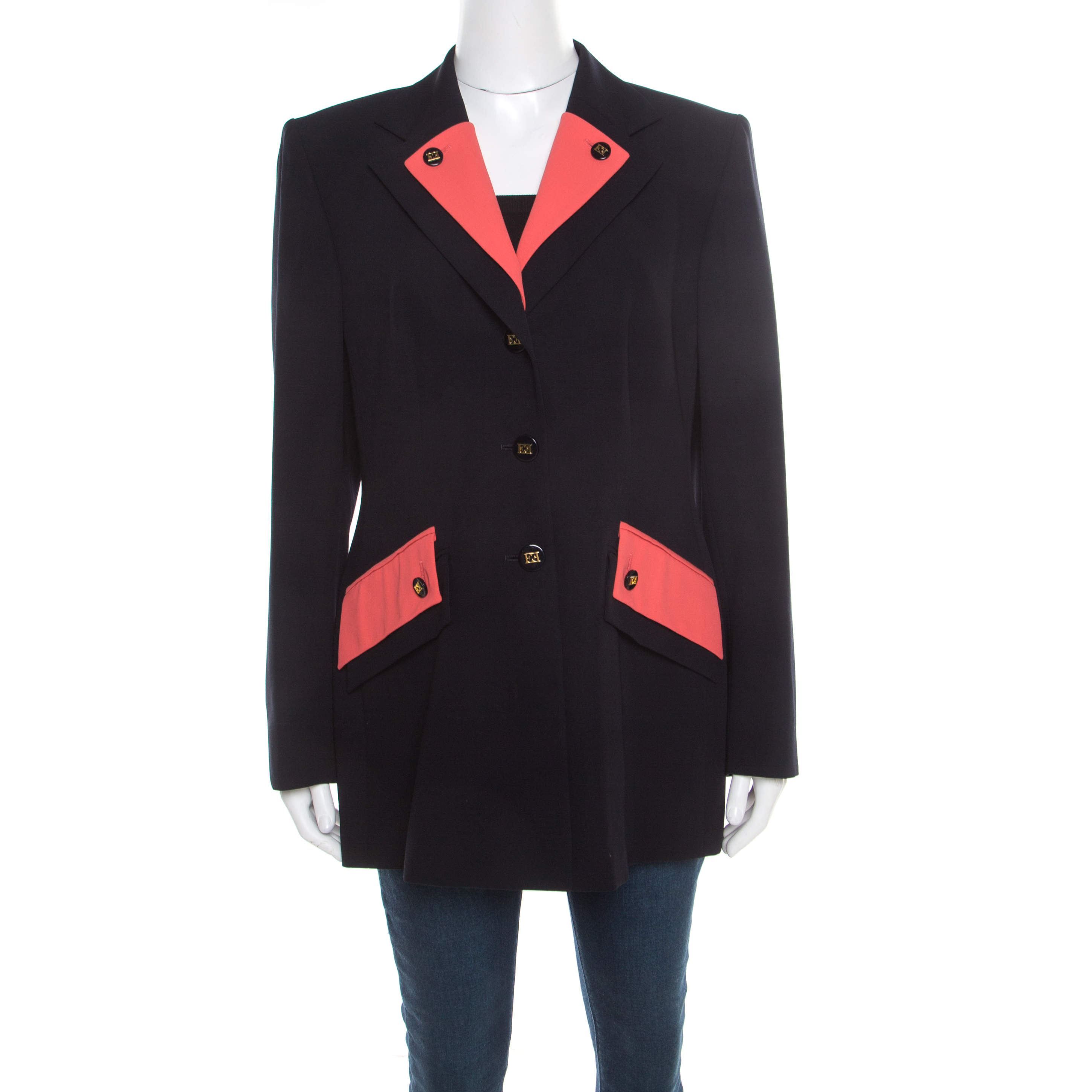 Escada Black Wool Contrast Faux Layered Lapel Logo Button Detail Blazer L