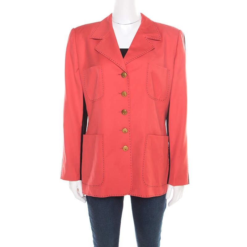 Pre Owned Escada Pink and Black Wool Paneled Contrast Top Stitch Detail Blazer L