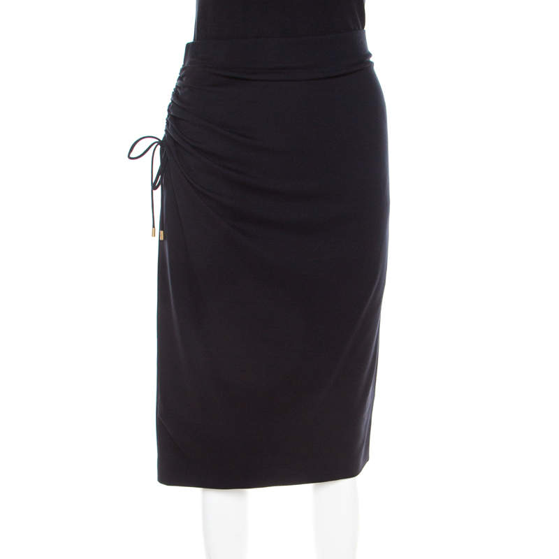 Pre Owned Escada Navy Blue Jersey Ruched Side Detail Skirt M