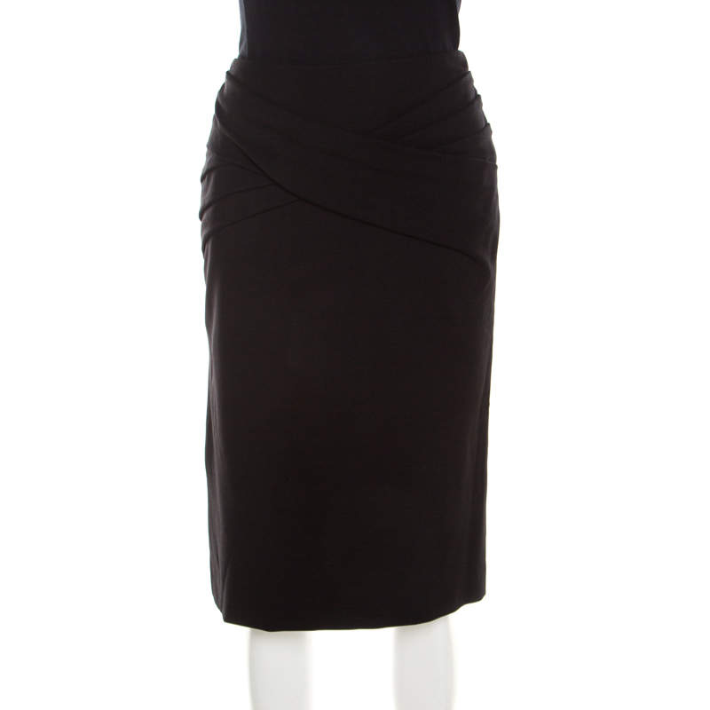 مملوكة مسبقًا Escada Black Stretch Knit Draped Pleat Front Runia Pencil Skirt L
