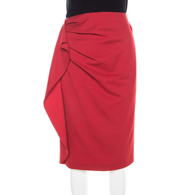Pre Owned Escada Lacquer Red Stretch Knit Draped Ranani Pencil Skirt M