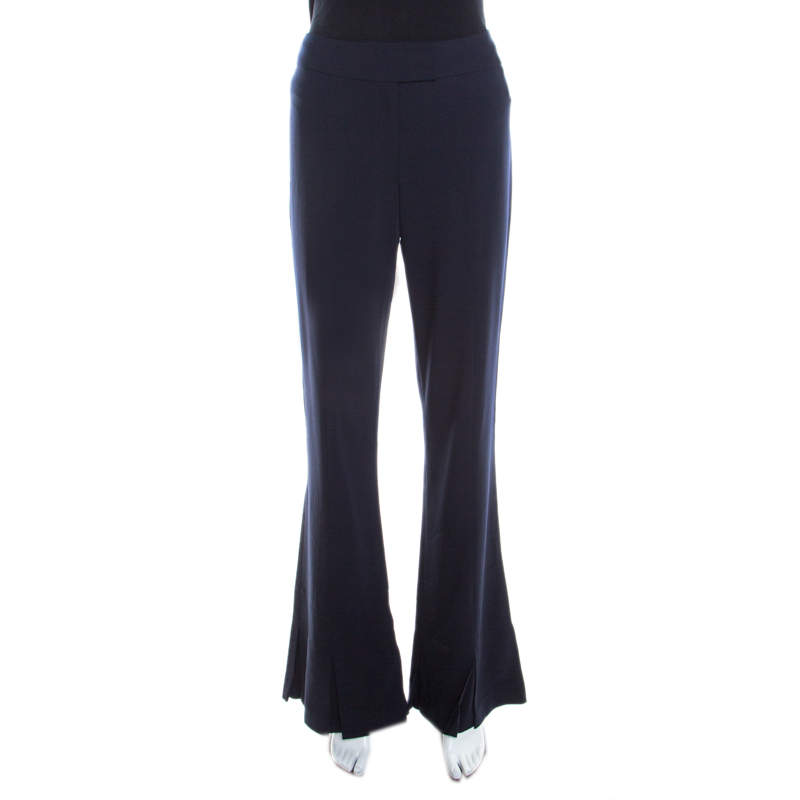 Pre Owned Escada Navy Blue Stretch Wool Crepe High Waist Peplum Hem Pants M