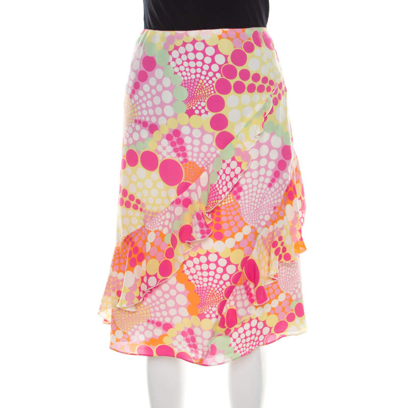 Pre Owned Escada Pink Circle Printed Silk Ruffled A Line Skirt L