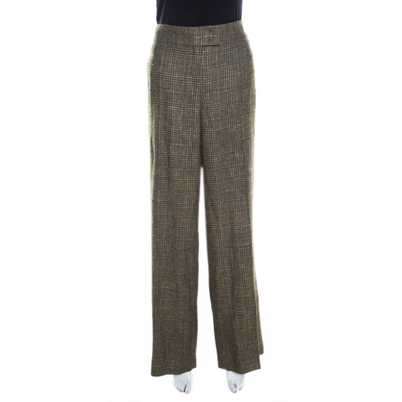 Escada Olive Green Metallic Plaid Wool Blend Wide Leg Trousers XXL