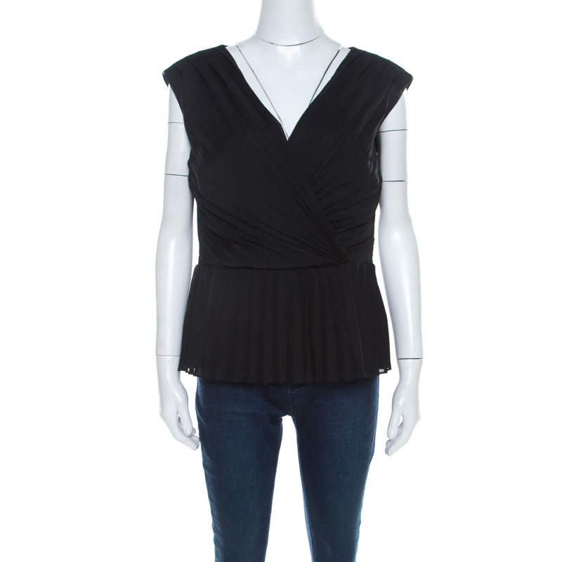Escada Black Crepe Sleeveless Pleated Peplum Blouse L