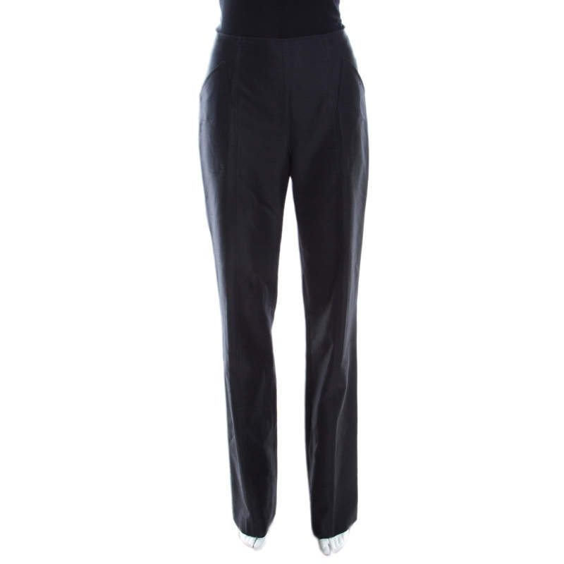 Escada Black Slub Cotton and Silk High Waist Straight Leg Pants M
