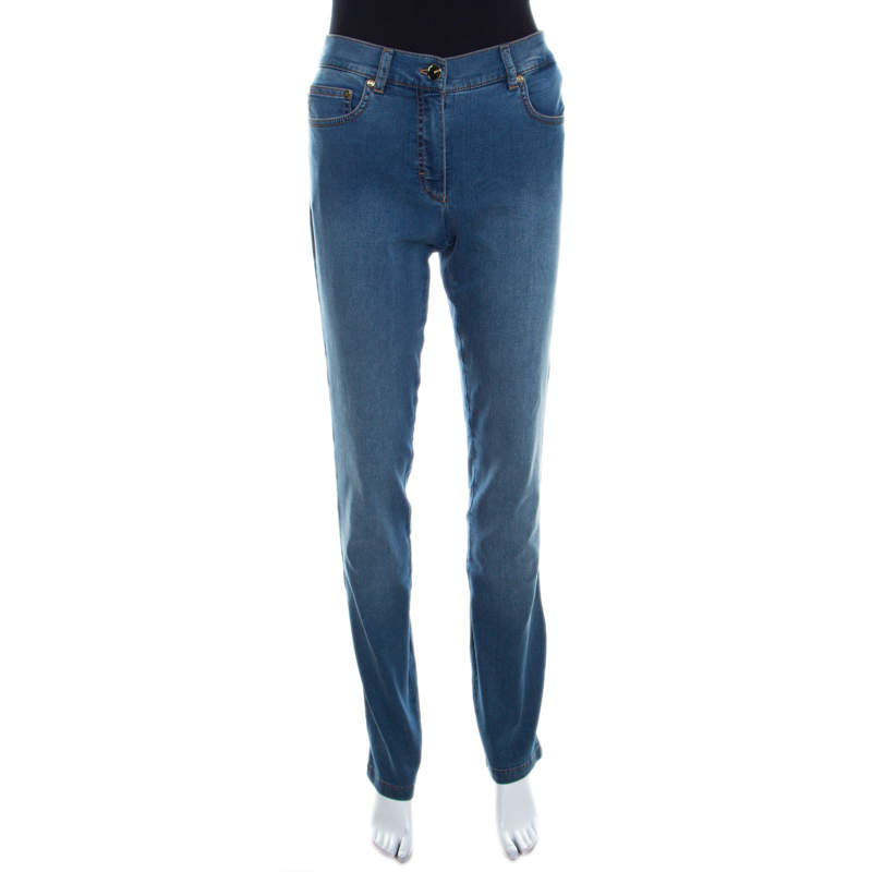 Escada Indigo Faded Effect Medium Wash Stretch Denim Tapered Jeans M