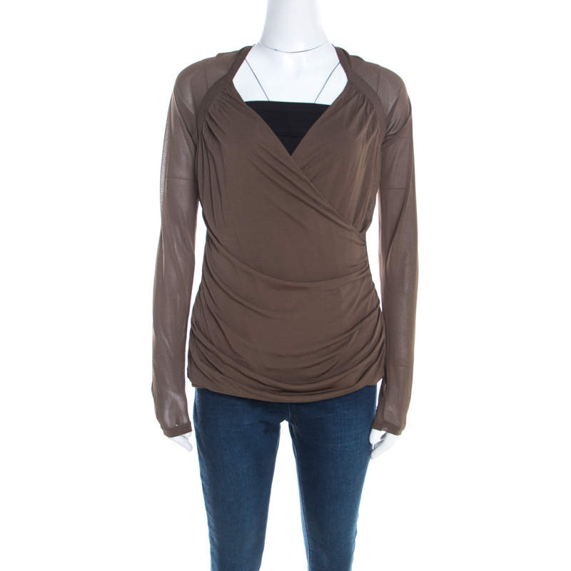 Escada Olive Green Stretch Knit Draped Faux Wrap Bodice Top M