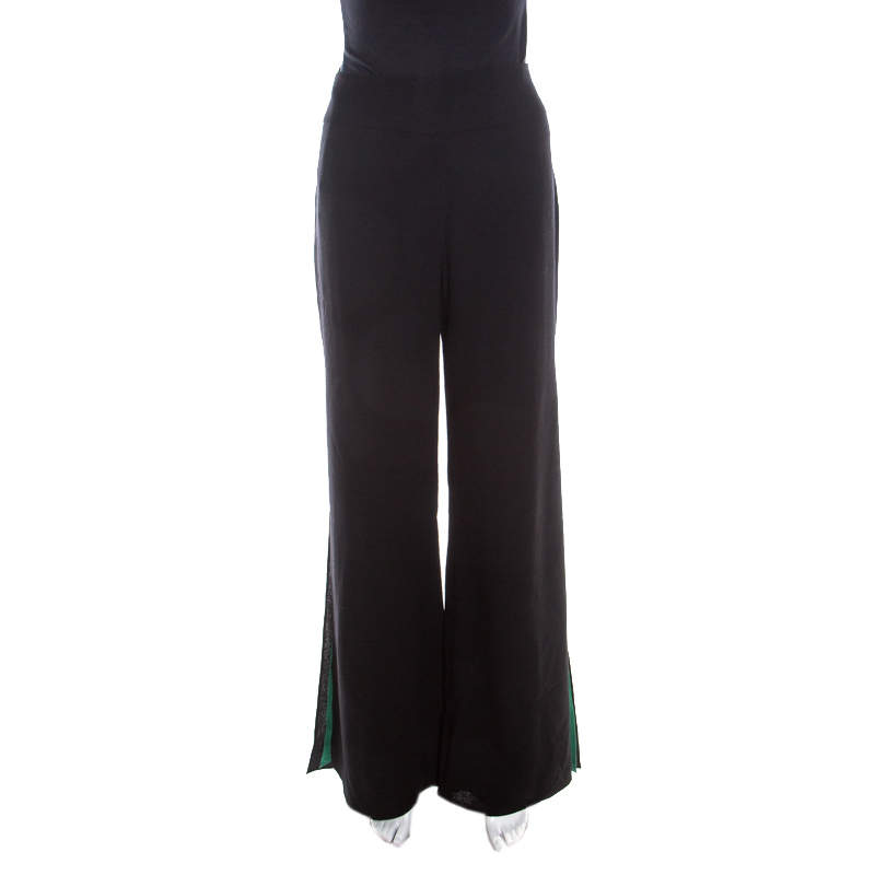Pre Owned Escada Black Crepe Wool Contrast Silk Lined Side Slit Detail Hose Trousers M