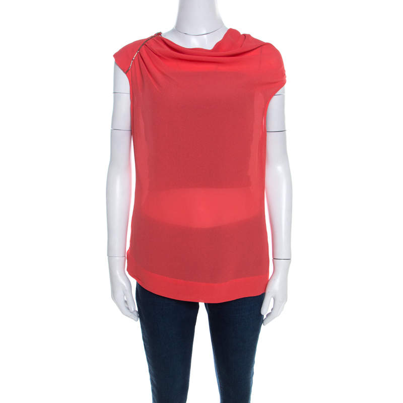 Escada Coral Orange Silk Embellished Cowl Neck Sleeveless Neslisah Top M