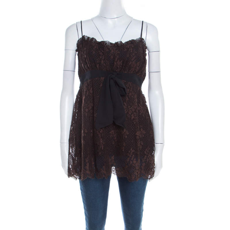 Pre Owned Escada Brown Floral Cotton Lace Babydoll Top L