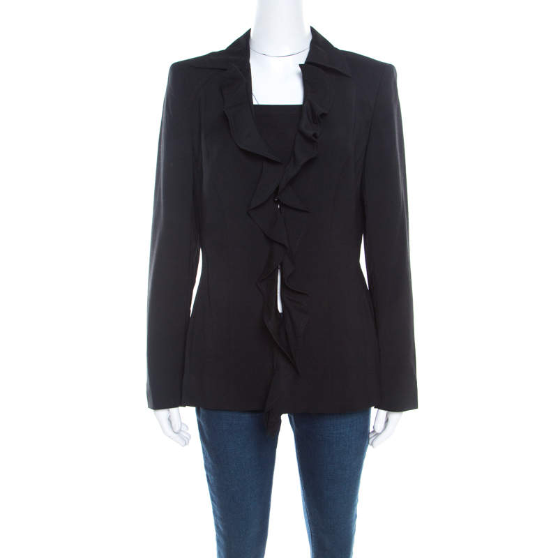 Pre Owned Escada Black Wool Crepe Ruffled Front Buttoned Jacket M