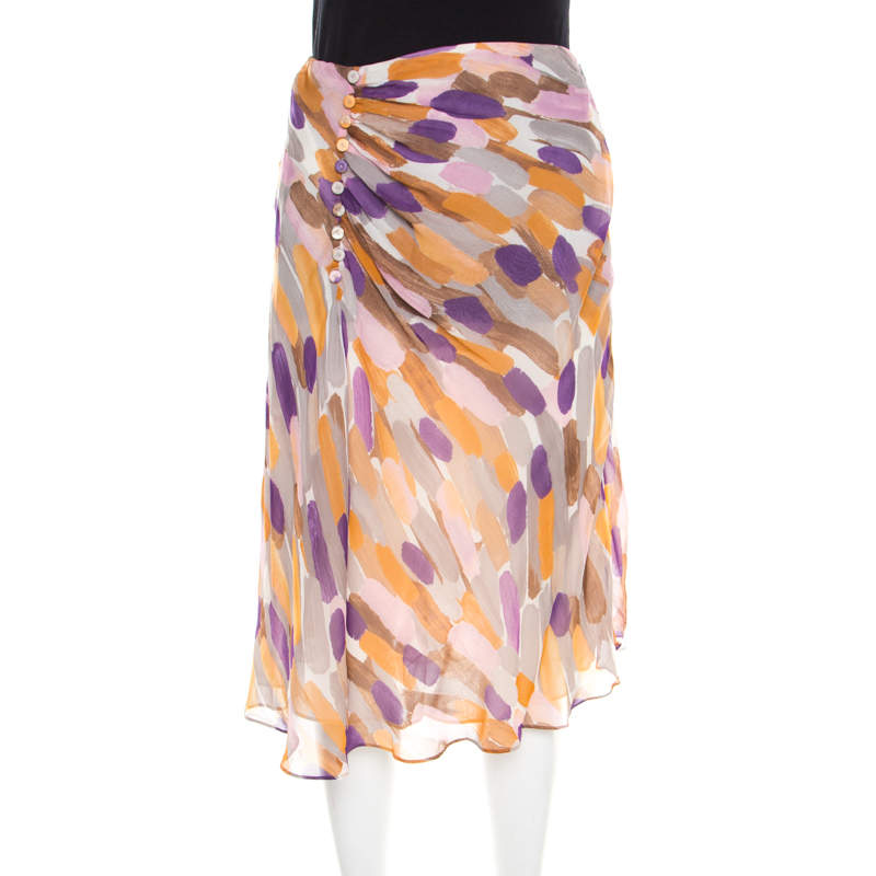 Pre Owned Escada Multicolor Brushstroke Print Silk Ruched Front Flared Skirt M