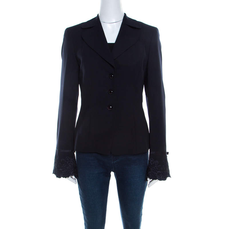 Escada Navy Blue Crepe Wool Embroidered Cuff Trim Button Front Blazer M