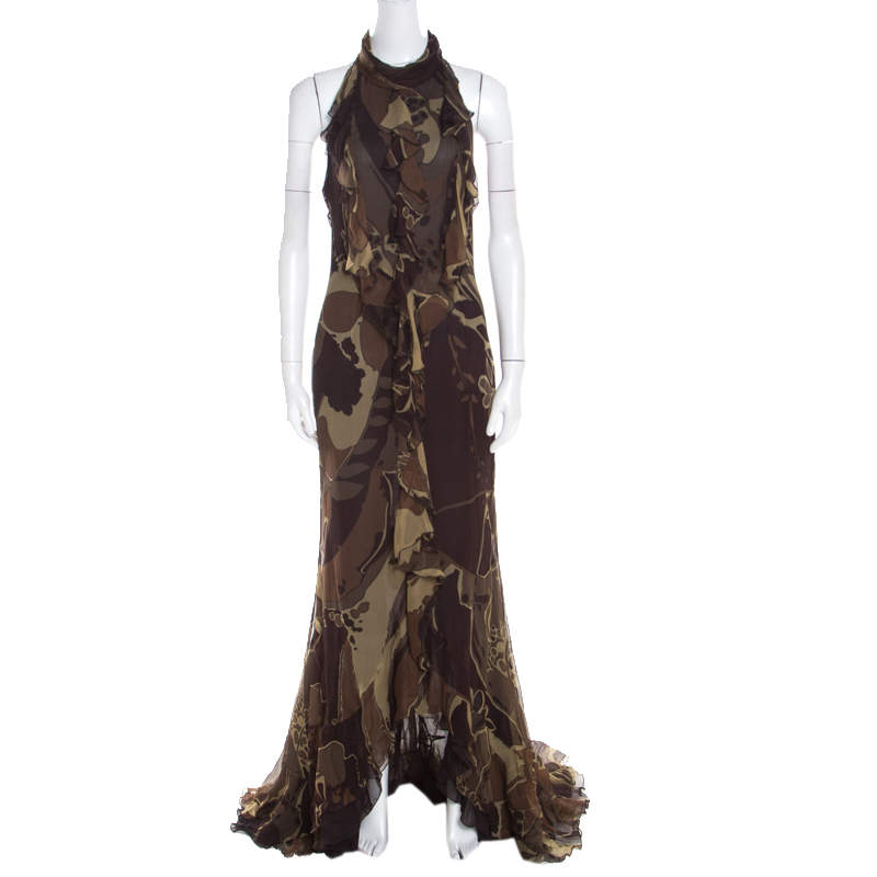 Escada Green and Brown Fauna Print Plisse Silk Ruffled Halter Maxi Dress M