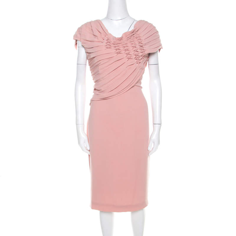 Pre Owned Escada Bellini Pink Crepe Pinch Pleat Draped Dyani Dress L