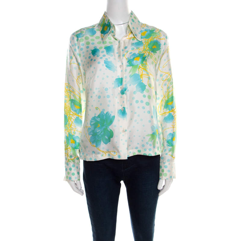 Escada Cream Floral Print Silk Button Front Shirt M