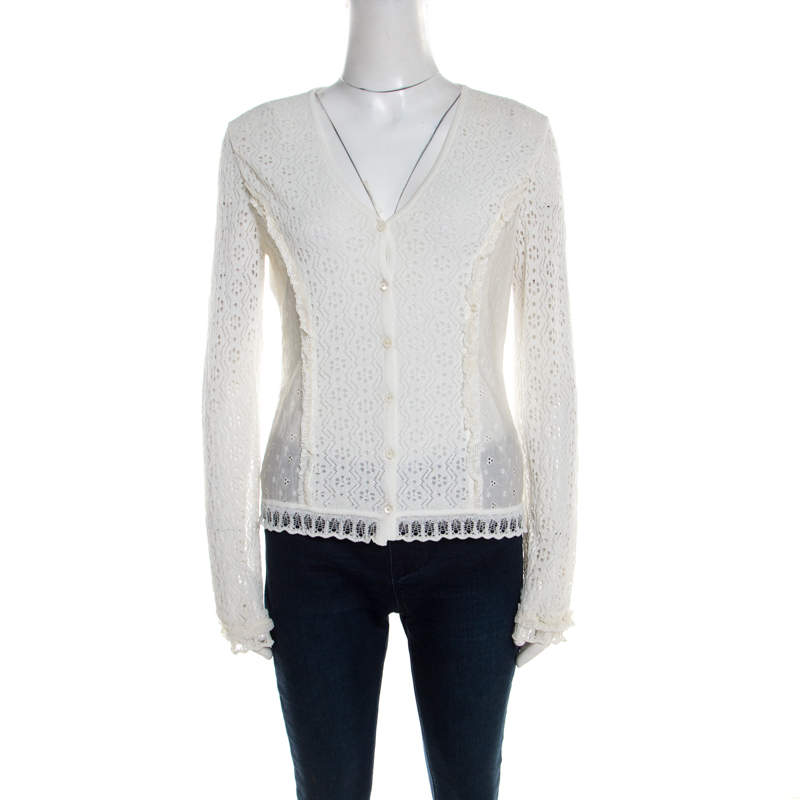 Escada Off White Multi Lace Paneled Long Sleeve Cardigan M