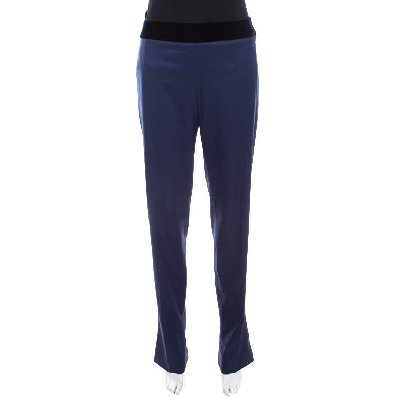 Escada Blue Stretch Wool Gabardine Velvet Trim High Waist Trousers M