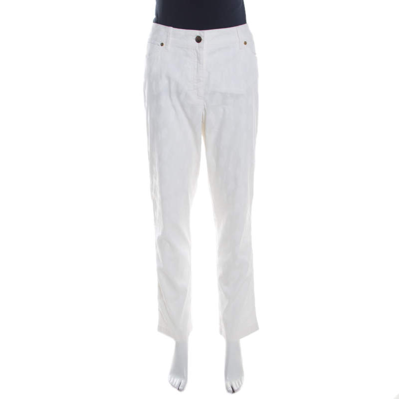 Pre Owned Escada Off White Patterned Stretch Cotton Jacquard Jeans XL