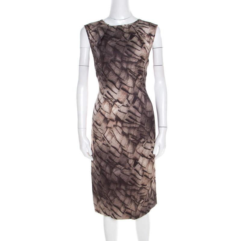 Escada Grey Mosaic Print Textured Silk Wool Sheath Dress L