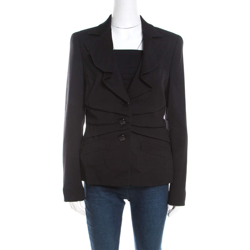 Escada Black Wool Pleat Detail Button Front Beaneth Jacket L