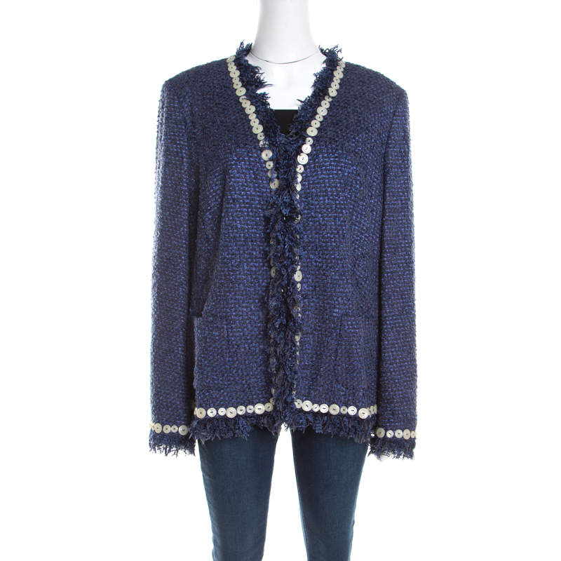Escada Blue Textured Fringed Edge Button Embellished Boucle Jacket XL